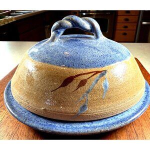 Stoneware pottery cheese butter dish w/ dome lid blue tan wheat leaf rustic